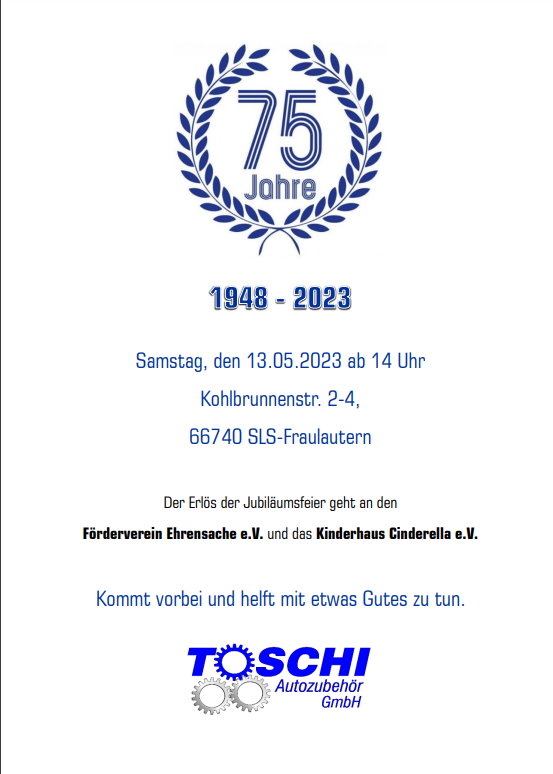 Einladung zur Feier des 75. Jubiläum von Toschi Autozubhör GmbH
